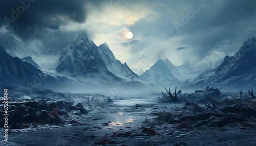 Nature beauty in a dark mountain range, mysterious moonlight generated by AI