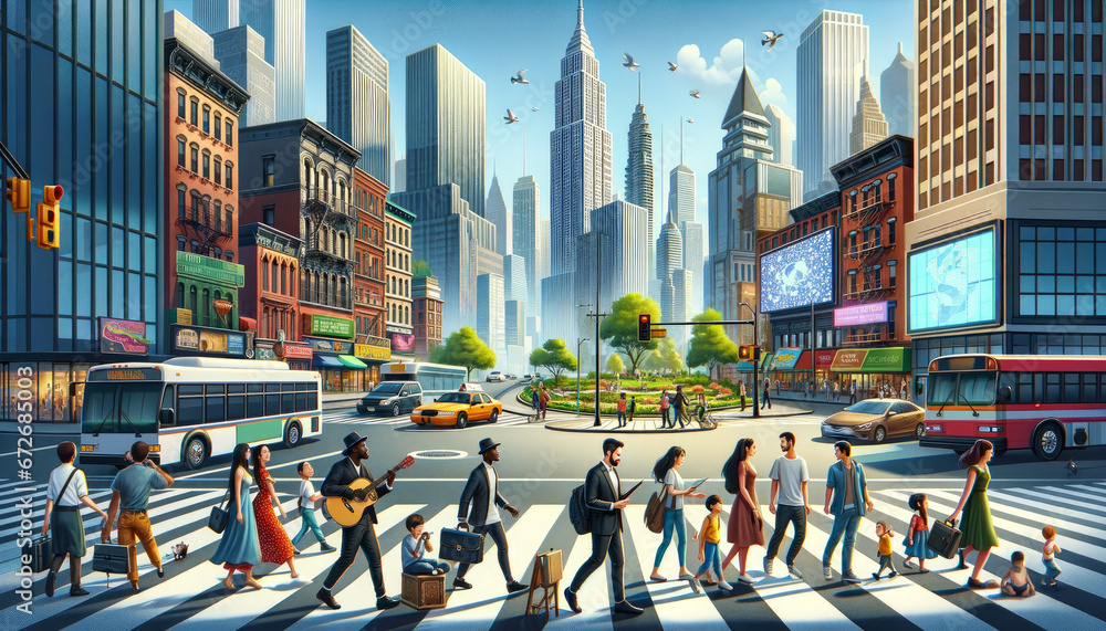 Obraz premium Urban Melody: Dynamic City Life at a Busy Intersection