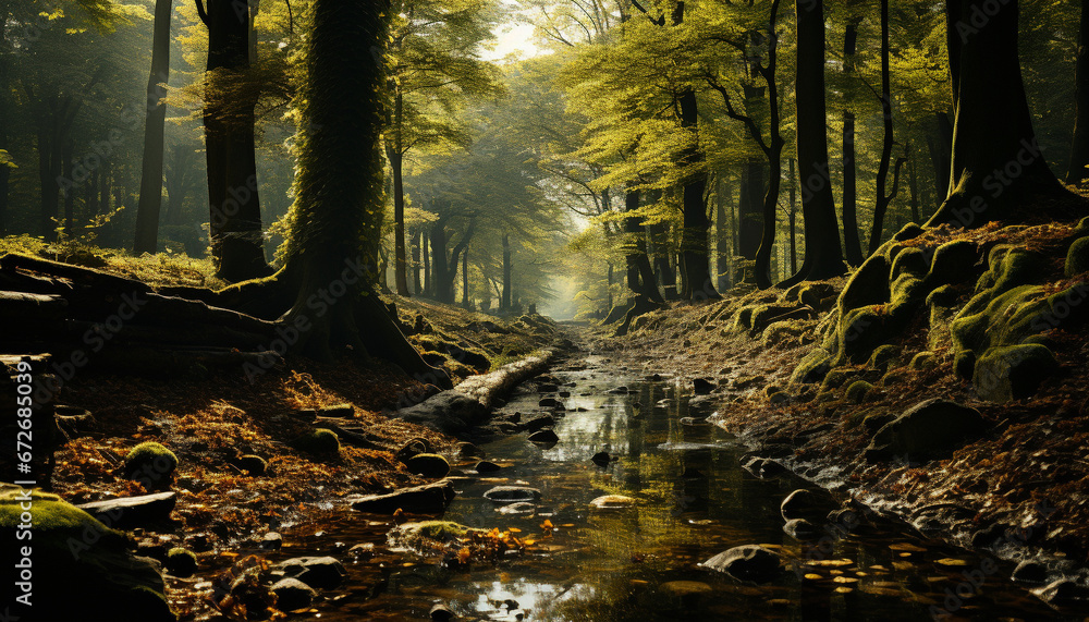 Fototapeta premium Tranquil scene autumn leaves, wet tree, fog, flowing water, wilderness generated by AI