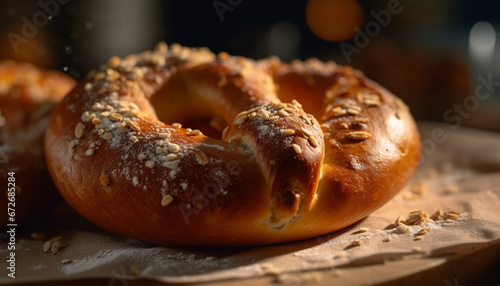 Freshly baked bagel, a gourmet snack for a sweet indulgence generated by AI