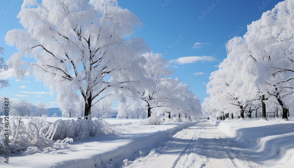 Snow covered forest, tranquil scene, sunlight on frozen branches, beauty in nature generated by AI