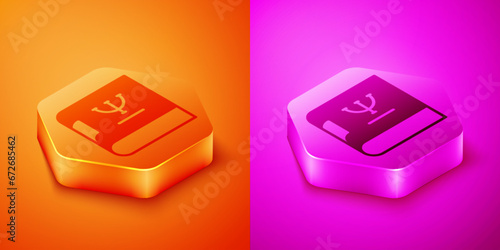 Isometric Psychology book icon isolated on orange and pink background. Psi symbol. Mental health concept, psychoanalysis analysis and psychotherapy. Hexagon button. Vector
