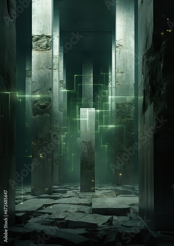 Underground Corridor with massive columns, an empty hallway in an abandoned, huge building, in the style of surreal 3d landscapes, monolithic structures, futuristic fragmentation, columns and totems