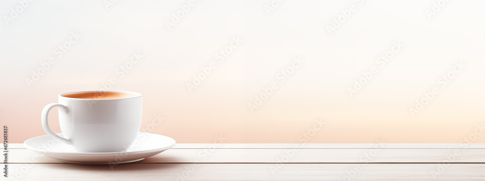 Obraz premium cup of coffee on wooden desk. copy space, Simple workspace or coffee break in morning