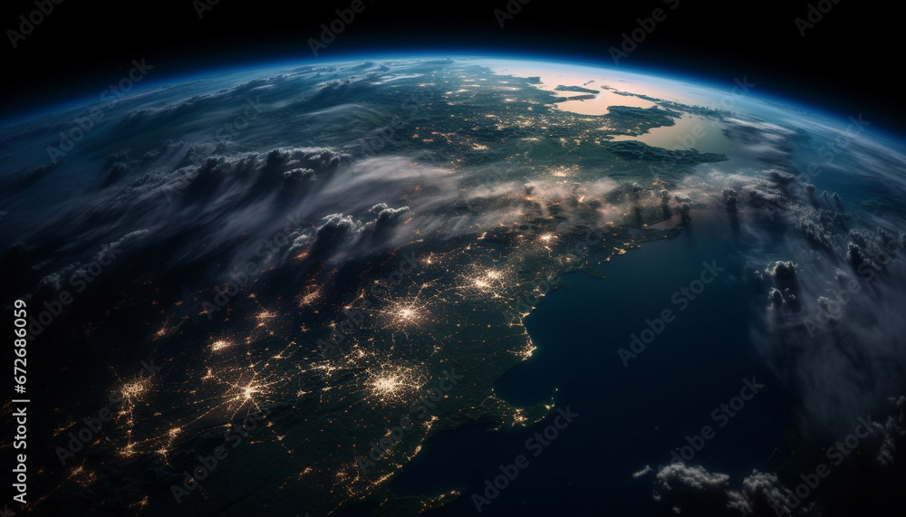 Abstract glowing sphere illuminates dark stratosphere, orbiting planet beauty generated by AI Abstract glowing sphere illuminates dark stratosphere, orbiting planet beauty generated by AI