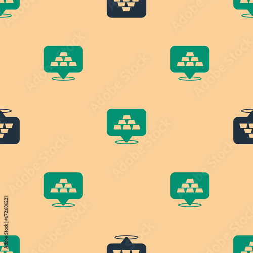 Green and black Gold bars icon isolated seamless pattern on beige background. Banking business concept. Vector