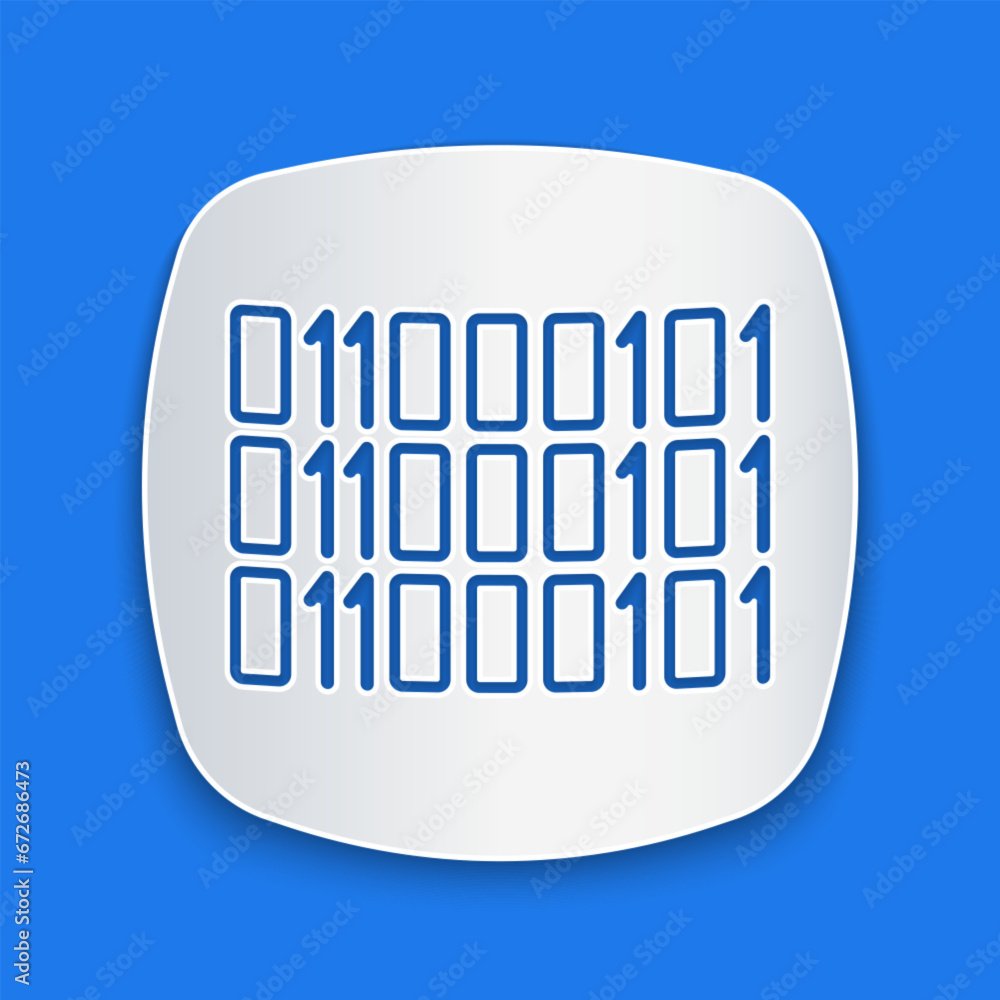 Paper cut Binary code icon isolated on blue background. Paper art style. Vector