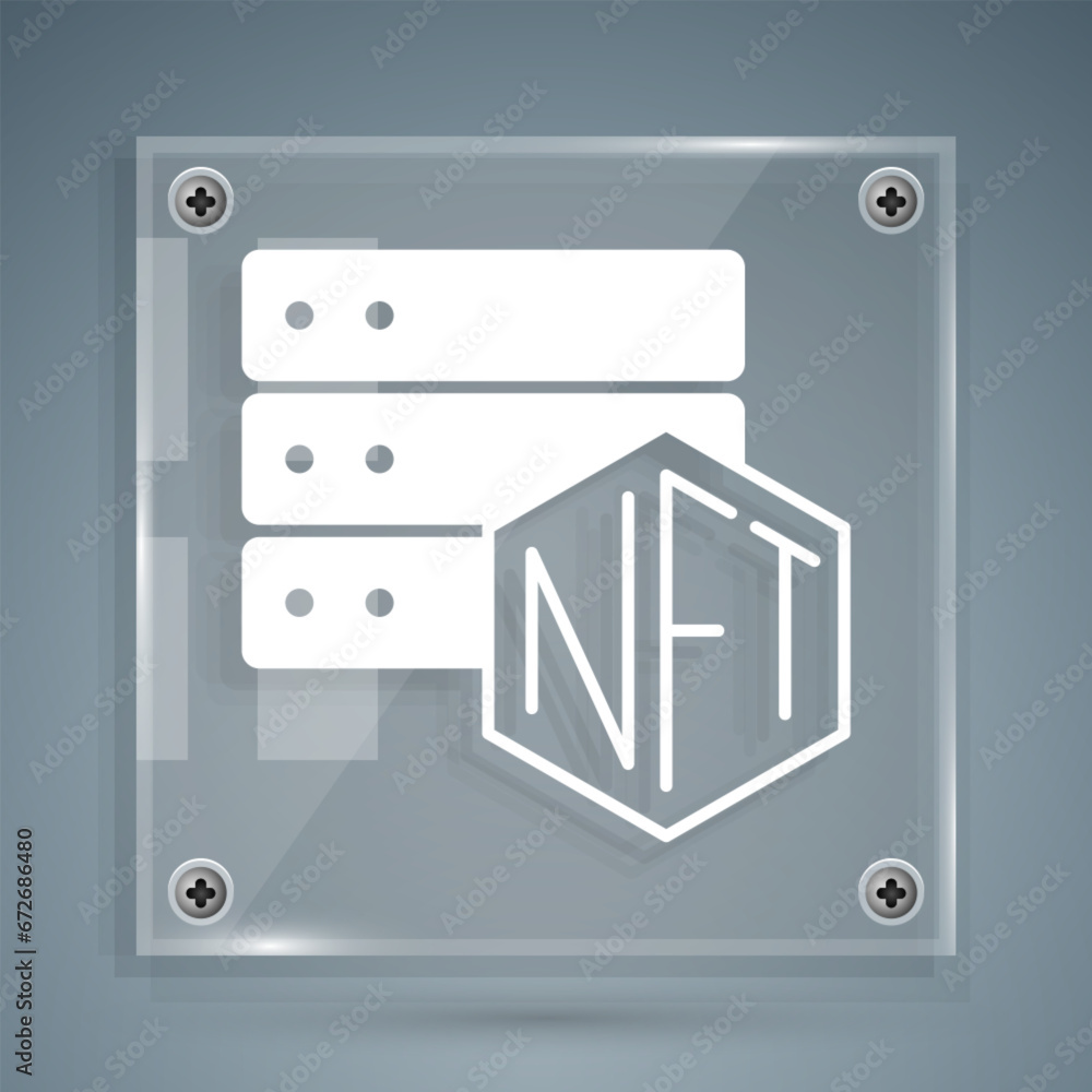 White NFT blockchain technology icon isolated on grey background. Non fungible token. Digital crypto art concept. Square glass panels. Vector White NFT blockchain technology icon isolated on grey background. Non fungible token. Digital crypto art concept. Square glass panels. Vector