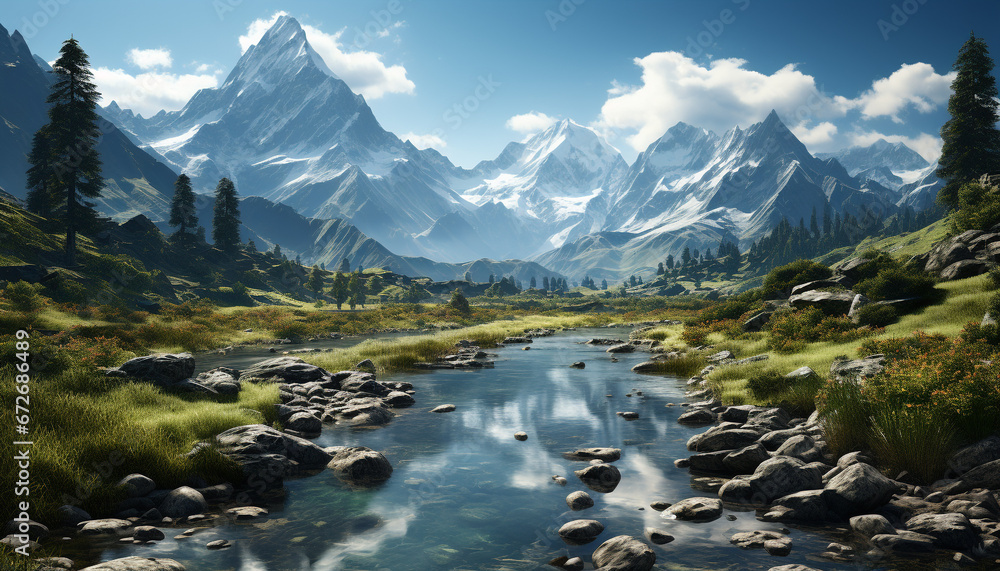 Majestic mountain range, tranquil meadow, reflecting sunlight, serene wilderness adventure generated by AI