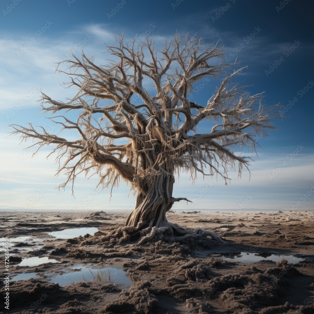 A Solitary, Dry Tree Blends Into The Barren Desert Landscape A Solitary, Dry Tree Blends Into The Barren Desert Landscape
