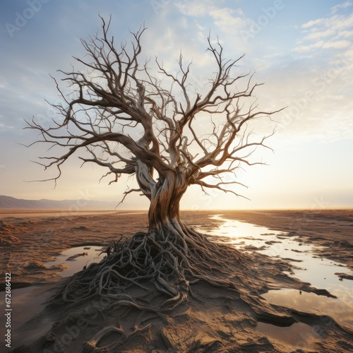 A Solitary, Dry Tree Blends Into The Barren Desert Landscape