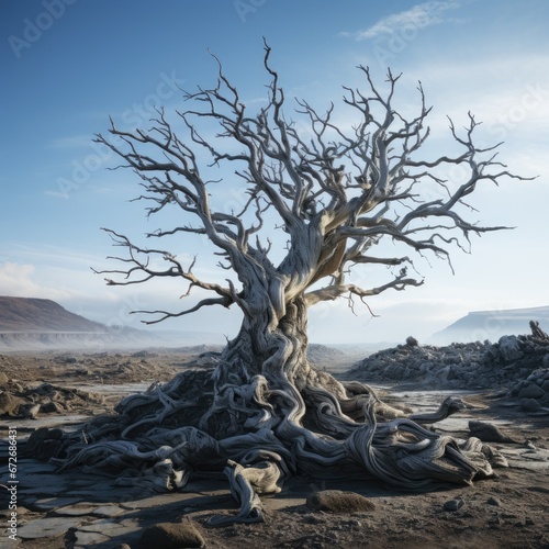 A Solitary, Dry  Tree Blends Into The Barren Desert Landscape © branislavp