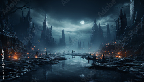 Spooky night, dark mystery, Halloween fog, horror silhouette, gothic celebration generated by AI