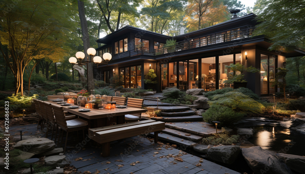 Modern architecture blends with nature in a wood and glass building generated by AI Modern architecture blends with nature in a wood and glass building generated by AI
