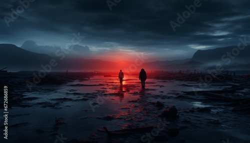 Silhouette of men and women standing on mountain peak at sunset generated by AI © djvstock