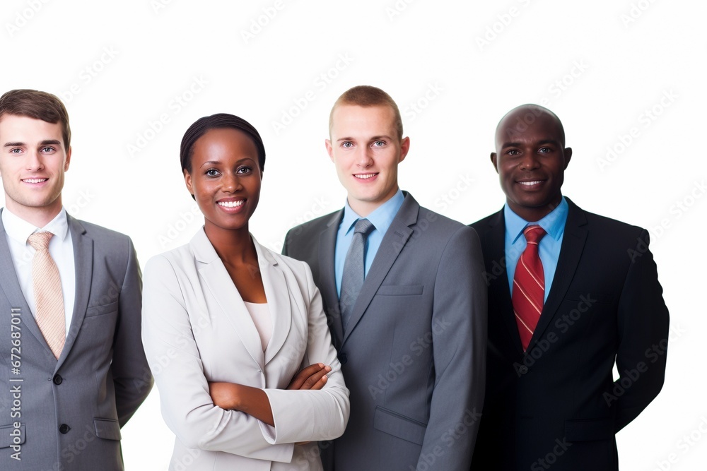 Harmony in Business: A Multicultural Team Stands United on a White Background, Smartly Dressed, Demonstrating the Beauty of Age Diversity in the Corporate World Harmony in Business: A Multicultural Team Stands United on a White Background, Smartly Dressed, Demonstrating the Beauty of Age Diversity in the Corporate World