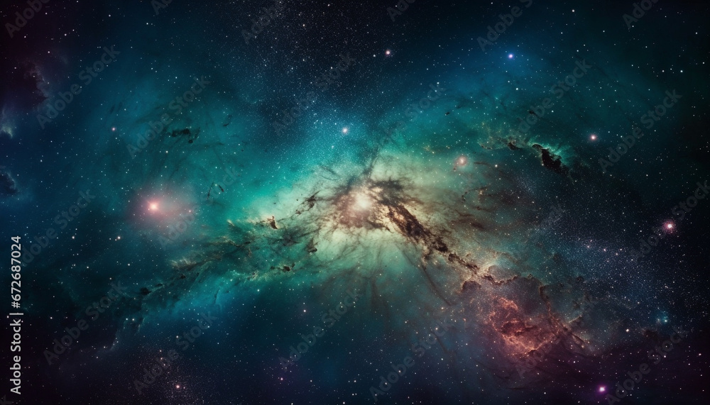 Fototapeta premium Exploring the deep galaxy, a glowing supernova illuminates star trails generated by AI