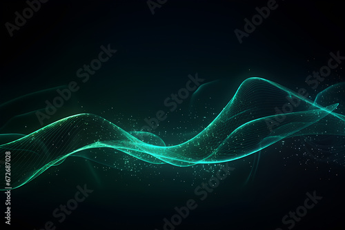 Abstract futuristic background with green and yellow neon lines. The musical wave. AI generated illustration.