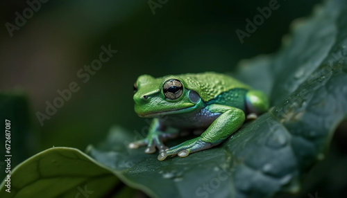 Red eyed tree frog sitting on leaf in tropical rainforest generated by AI
