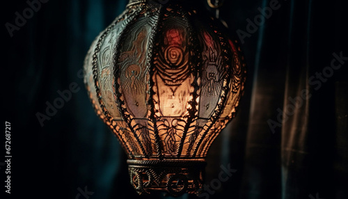 Ornate lantern illuminates rustic street with glowing elegance and history generated by AI