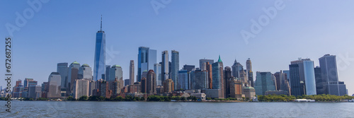 Skyline view of the Financial District in Manhattan as seen from a boat on the Hudson river  New York City  USA