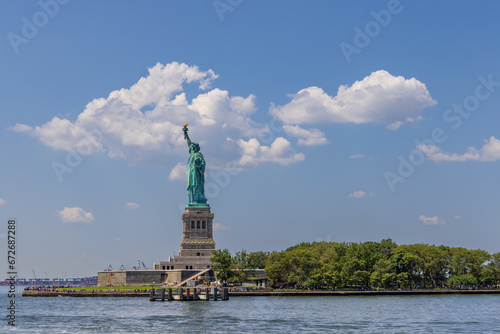 Liberty Island and the Statue of Liberty as seen from a boat in New York City, USA