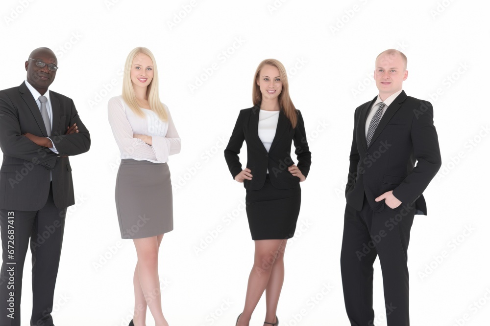 Harmony in Business: A Multicultural Team Stands United on a White Background, Smartly Dressed, Demonstrating the Beauty of Age Diversity in the Corporate World Harmony in Business: A Multicultural Team Stands United on a White Background, Smartly Dressed, Demonstrating the Beauty of Age Diversity in the Corporate World