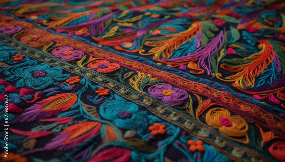 Indigenous cultures inspire ornate woven tapestries with vibrant colors generated by AI