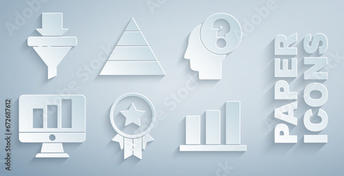 Set Medal with star, Human head question mark, Monitor graph chart, Pie infographic, Pyramid infographics and Sales funnel arrows icon. Vector