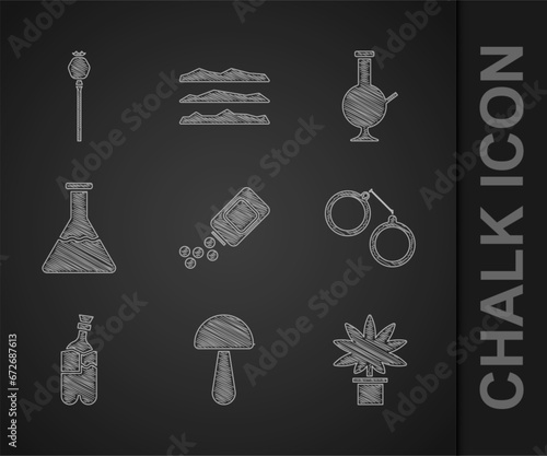 Set Medicine bottle and pills, Psilocybin mushroom, Marijuana or cannabis plant pot, Handcuffs, Bong for smoking marijuana, Test tube flask, Glass bong and Opium poppy icon. Vector