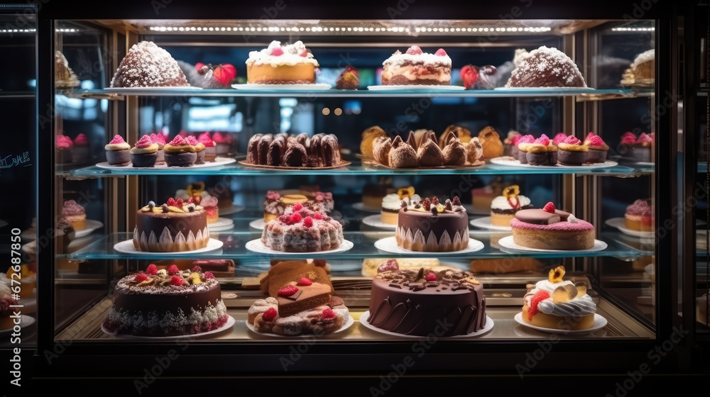 Assorted delicious birthday cakes in glass display cases - obrazy, fototapety, plakaty 