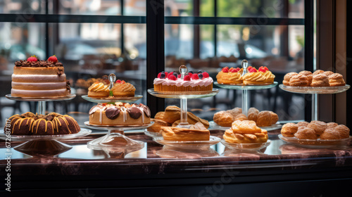 several kinds of delicious cakes are on the glass table and look elegant