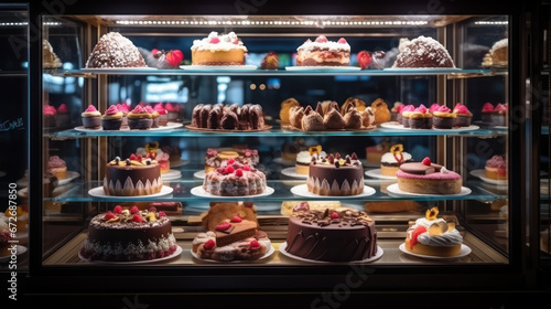 Assorted delicious birthday cakes in glass display cases