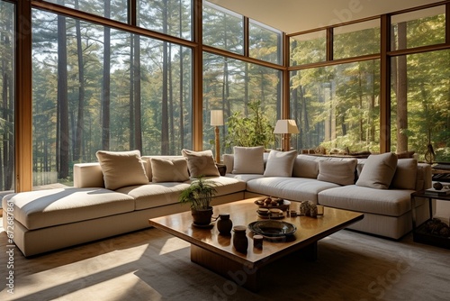 Elegant lounge with beige sofa & large windows, overlooking the forest. Generative AI