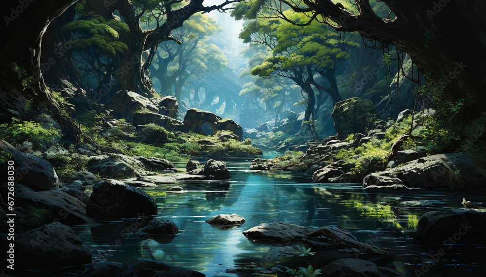 Tranquil scene  nature beauty in a tropical rainforest landscape generated by AI