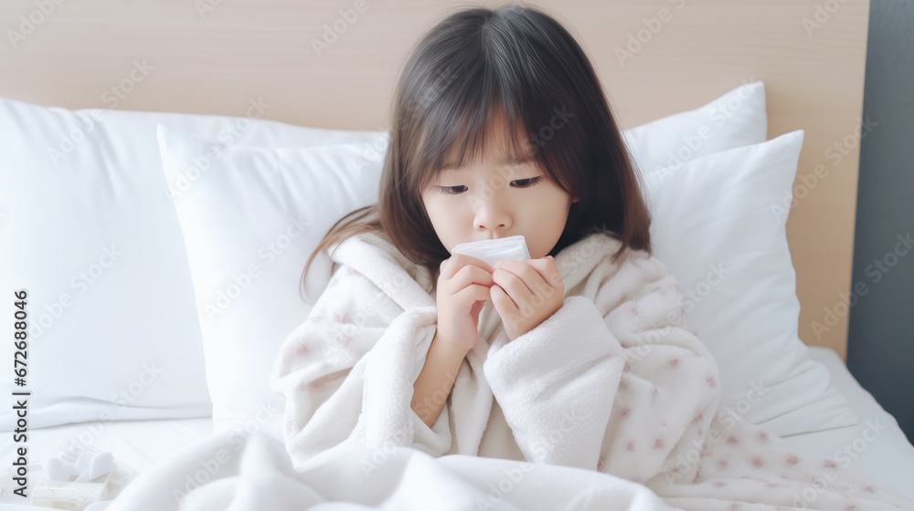 portrait of beautiful asian girl wearing white kimono on white bed