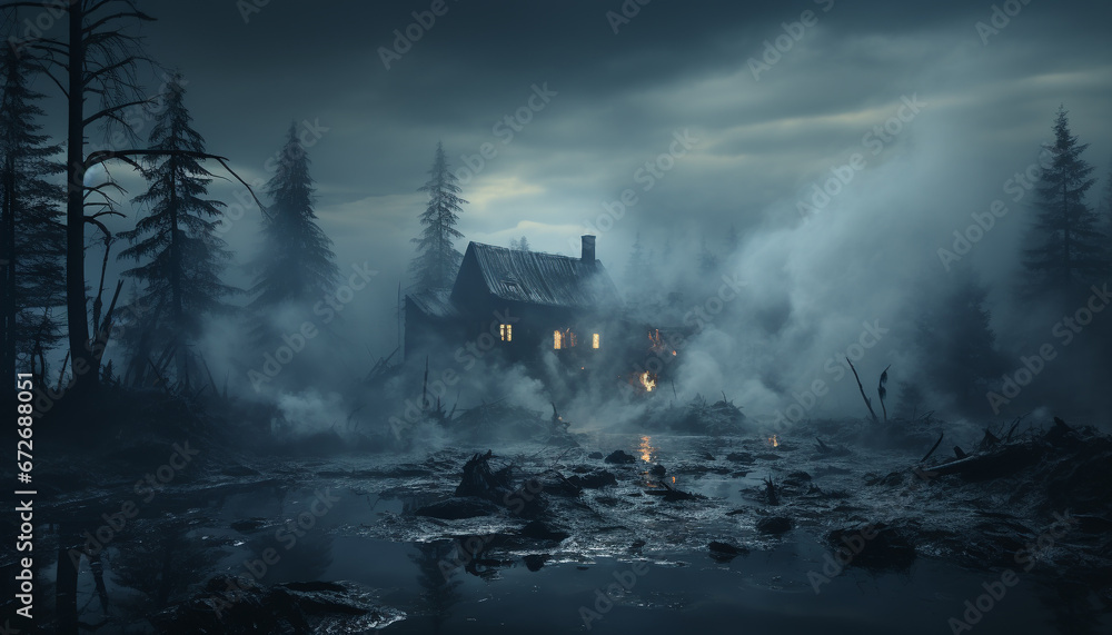 Spooky fog shrouds dark forest, revealing mystery in nature generated by AI Spooky fog shrouds dark forest, revealing mystery in nature generated by AI