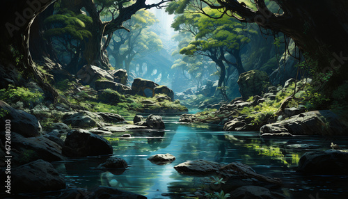 Tranquil scene nature beauty in a tropical rainforest landscape generated by AI