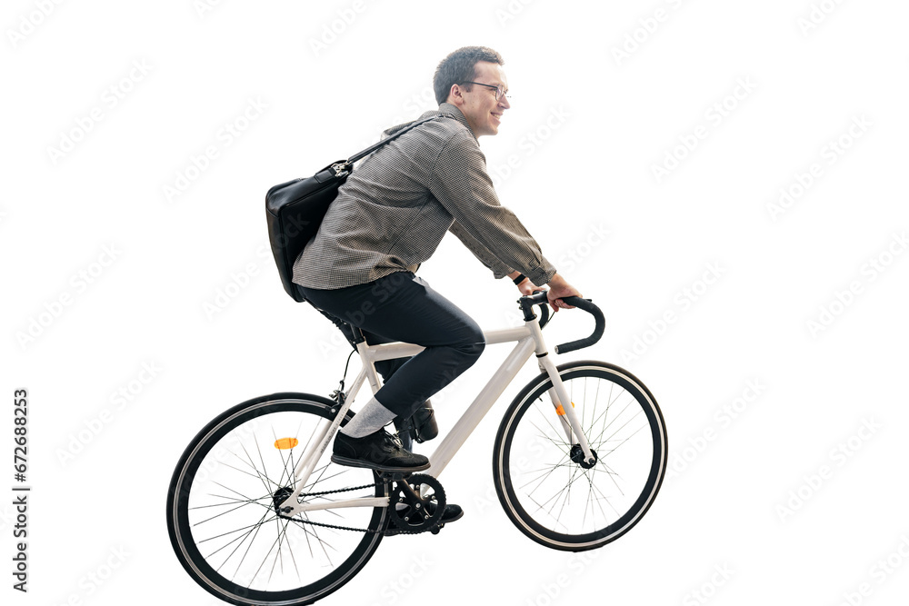 A male cyclist rides a bicycle with a bag going to the office to work eco transport for the city . Transparent isolated background.p - obrazy, fototapety, plakaty 