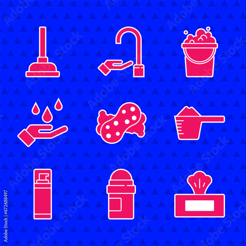 Set Sponge, Antiperspirant deodorant roll, Wet wipe pack, Washing powder, Shaving gel foam, hands with soap, Bucket suds and Rubber plunger icon. Vector