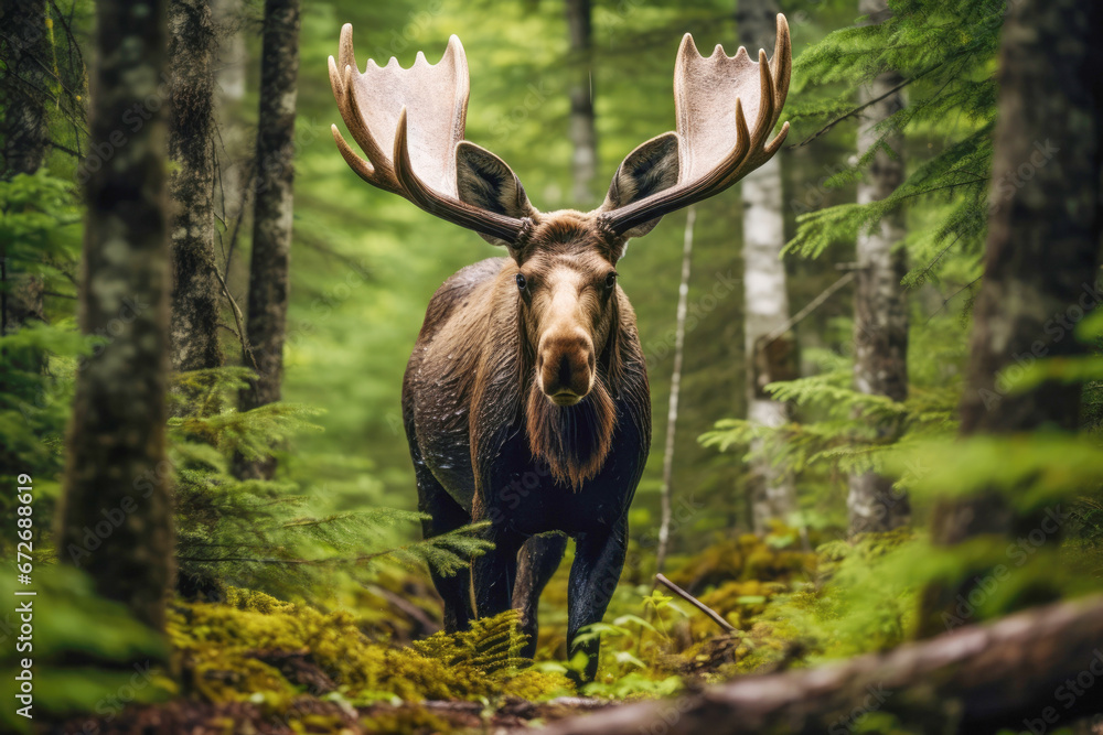 A majestic moose in its natural habitat, with a massive set of antlers, foraging in a national park during the colorful autumn season. A majestic moose in its natural habitat, with a massive set of antlers, foraging in a national park during the colorful autumn season.