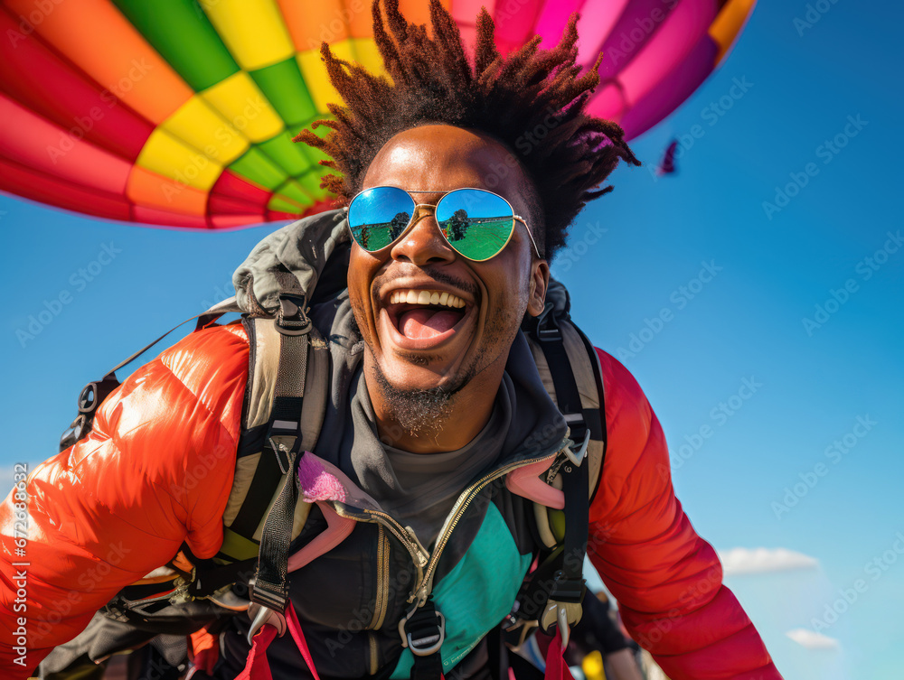 The happy expression of a man taking a selfie while extreme skydiving The happy expression of a man taking a selfie while extreme skydiving