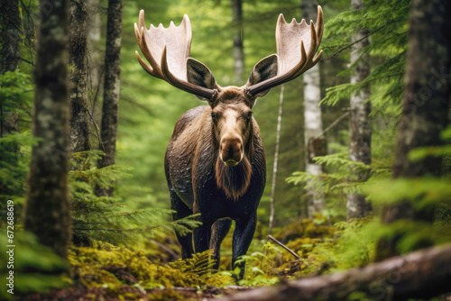 A majestic moose in its natural habitat, with a massive set of antlers, foraging in a national park during the colorful autumn season. © EdNurg