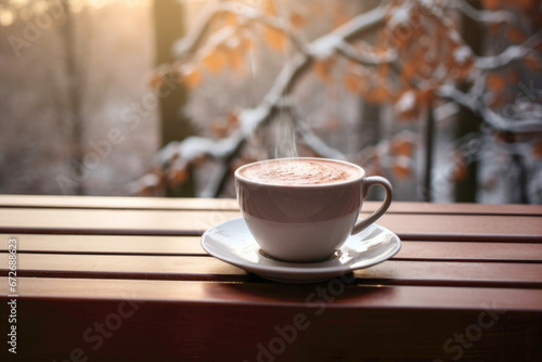 The brown and white aesthetics of coffee and a snowy landscape evoke the enchanting charm of winter in December.