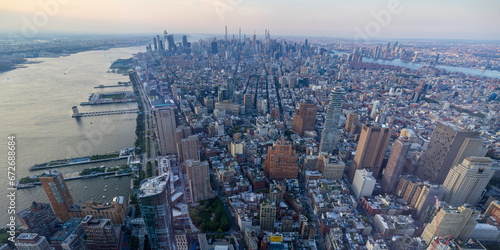 High angle view over Manhattan as seen from the Financial District, New York City, USA