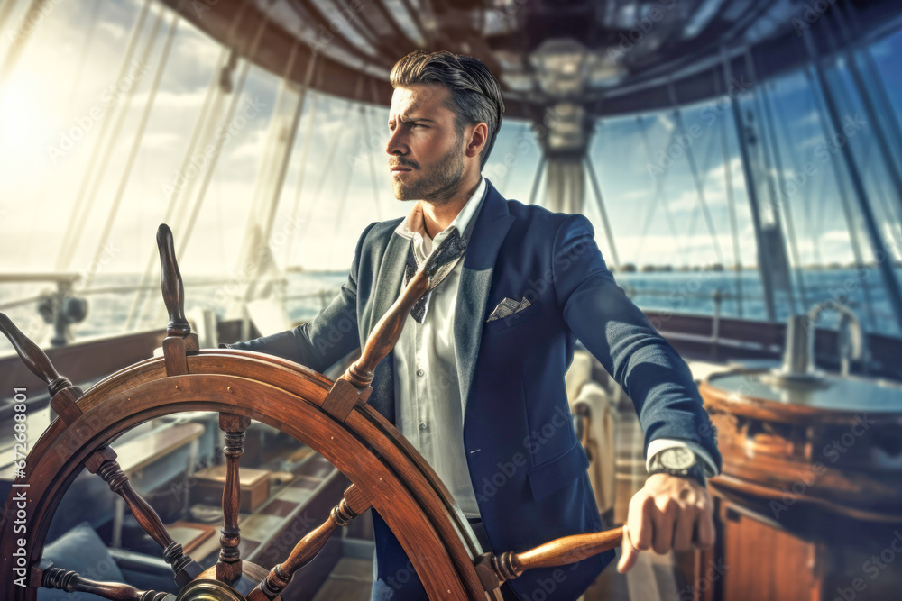 A businessman at the helm of a yacht, representing the idea of setting sail in the world of business, ready to navigate new opportunities and challenges. A businessman at the helm of a yacht, representing the idea of setting sail in the world of business, ready to navigate new opportunities and challenges.