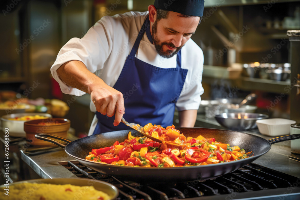 A Caucasian male chef in a restaurant kitchen, wearing a uniform and engaged in food preparation, showcasing the skills and dedication of a culinary profession. A Caucasian male chef in a restaurant kitchen, wearing a uniform and engaged in food preparation, showcasing the skills and dedication of a culinary profession.