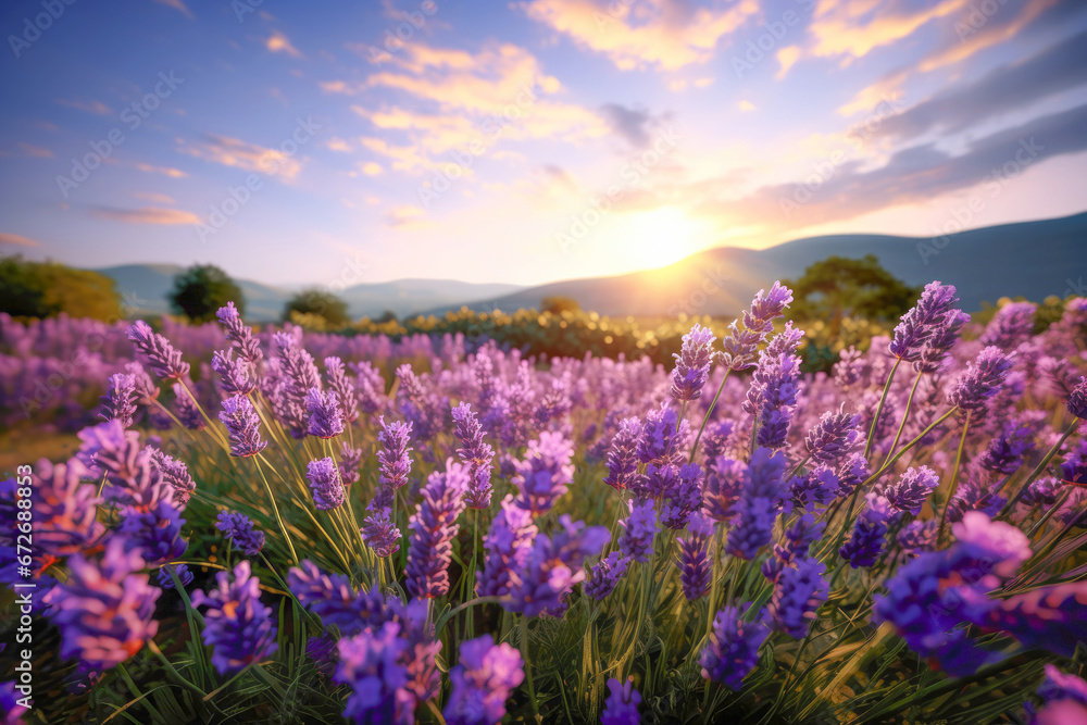 Naklejka premium The scenic lavender fields, filled with colorful magenta and purple blooms, create a stunning natural landscape for outdoor enthusiasts.