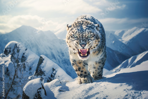 In the rugged wilderness, the snow leopard, a solitary and elusive hunter, exemplifies the untamed spirit of nature as it roams the snowy mountain peaks.