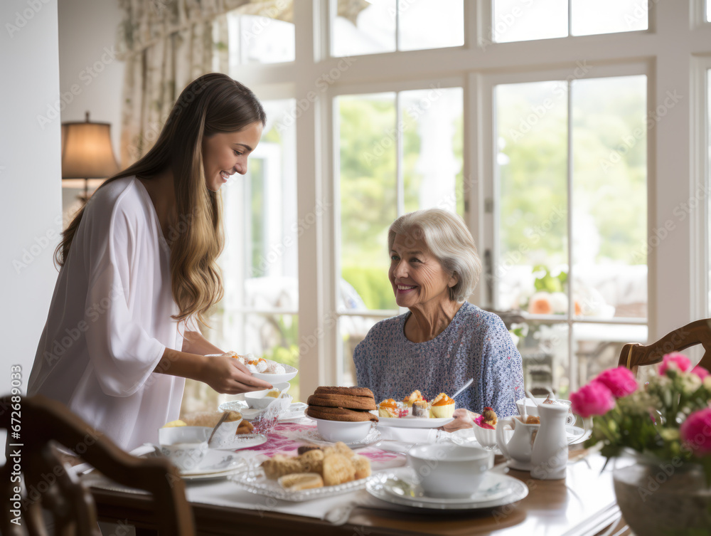 A warm atmosphere between a daughter and her mother at the dining table, a sweet smile etched there A warm atmosphere between a daughter and her mother at the dining table, a sweet smile etched there